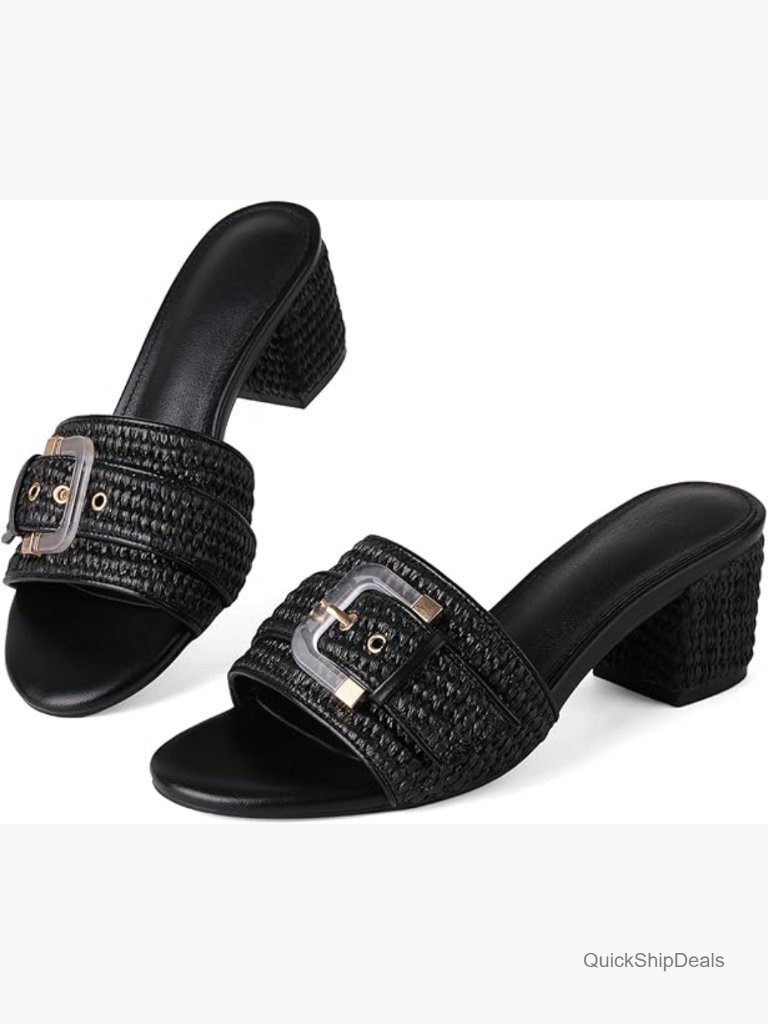 Raffia Heeled Sandals Low Block Chunky Heel Open Toe Buckle Strap Slip On Mules